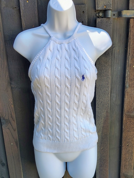 Ralph Lauren Tops - Ralph Lauren White Cable Knit Halter Tank with Polo Pony